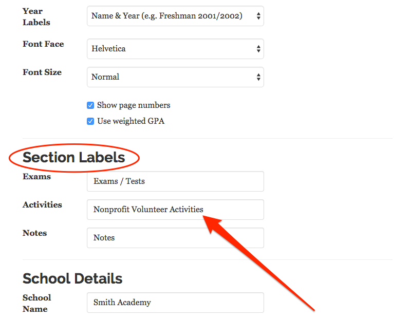 Enter section labels