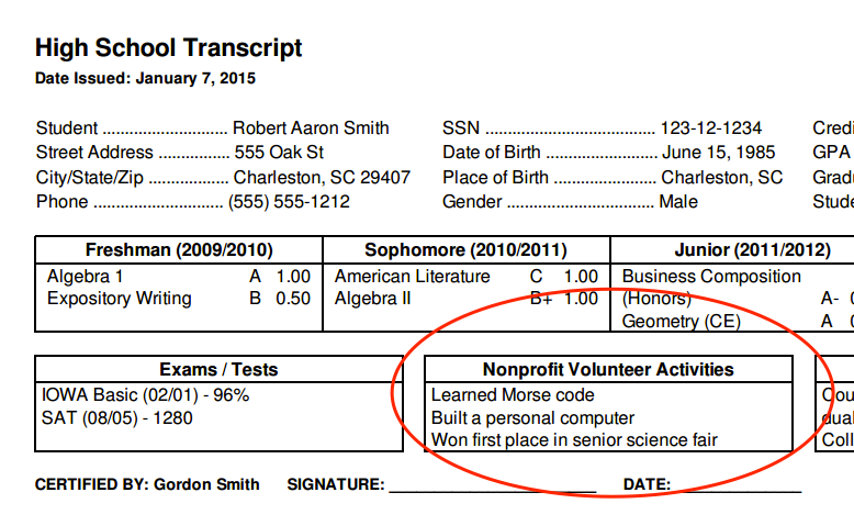 Printed transcript example