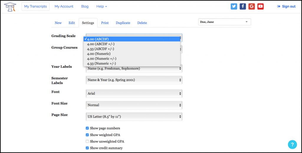 New feature! Selectable grading scales - Transcript Maker